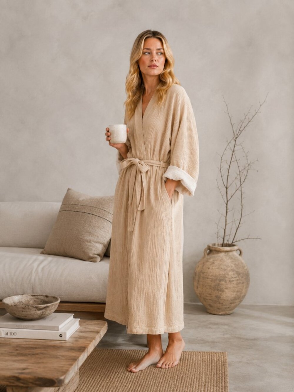 Indijio Zen Cream 100% Cotton Muslin Kimono Robe One Size